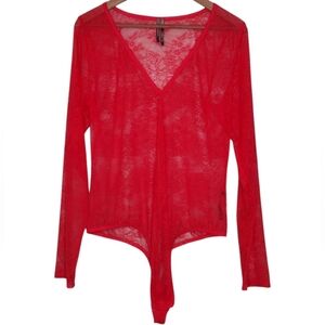 Anthropologie Y2K Red Lace Lightweight Long Sleeve Bodysuit Top Size XL